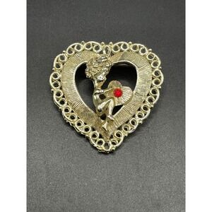 Vintage Beatrix Gold Tone Cupid Cherub Heart Brooch Red Rhinestone Valentine Pin